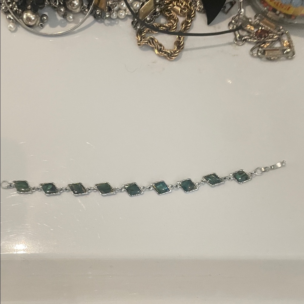 Silver-toned Green Gem Link Bracelet - Women Jewelry